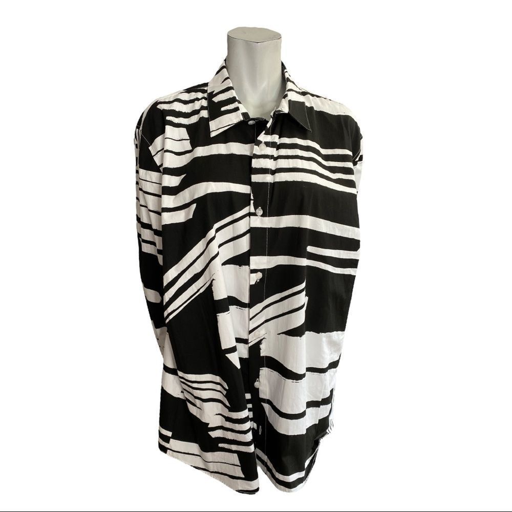 Zara Black and White Striped Button-Up Blouse